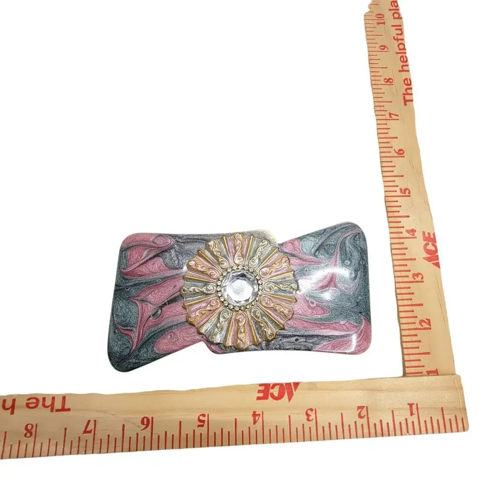 Vintage 80s Pink Grey Marbled Enamel Rhinestone Brass Statement Belt Buckle